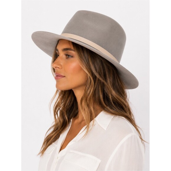 Janessa Leone Drew Wool Fedora Hat Gray Small Wide Brim 3.5” Minimalist Rancher